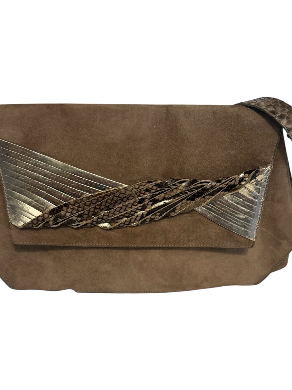 VTG Aloya 80’s Taupe Suede Envelope Shoulder / Clutch. Metallic & Snake NWOT